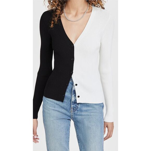 Staud Cargo Sweater Cardigan Black White Two Tone Ribbed Knit SZ L - Picture 1 of 6